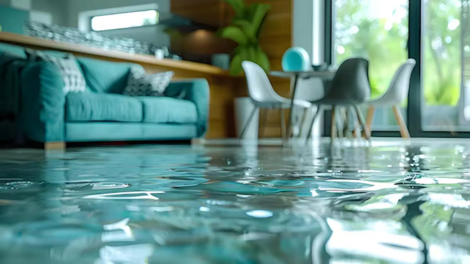 Flooded living room with standing water across the floor, the kind of damage a water restoration crew in Mission Viejo, CA responds to